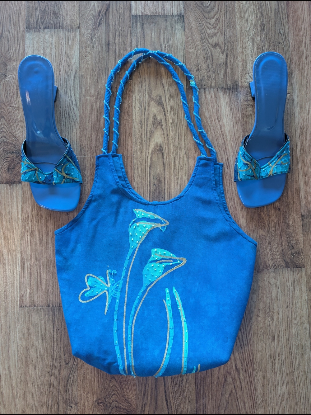 Tropical Tantrum Blue Floral Tote Bag with Braided Handles Plus Sandles Size 8